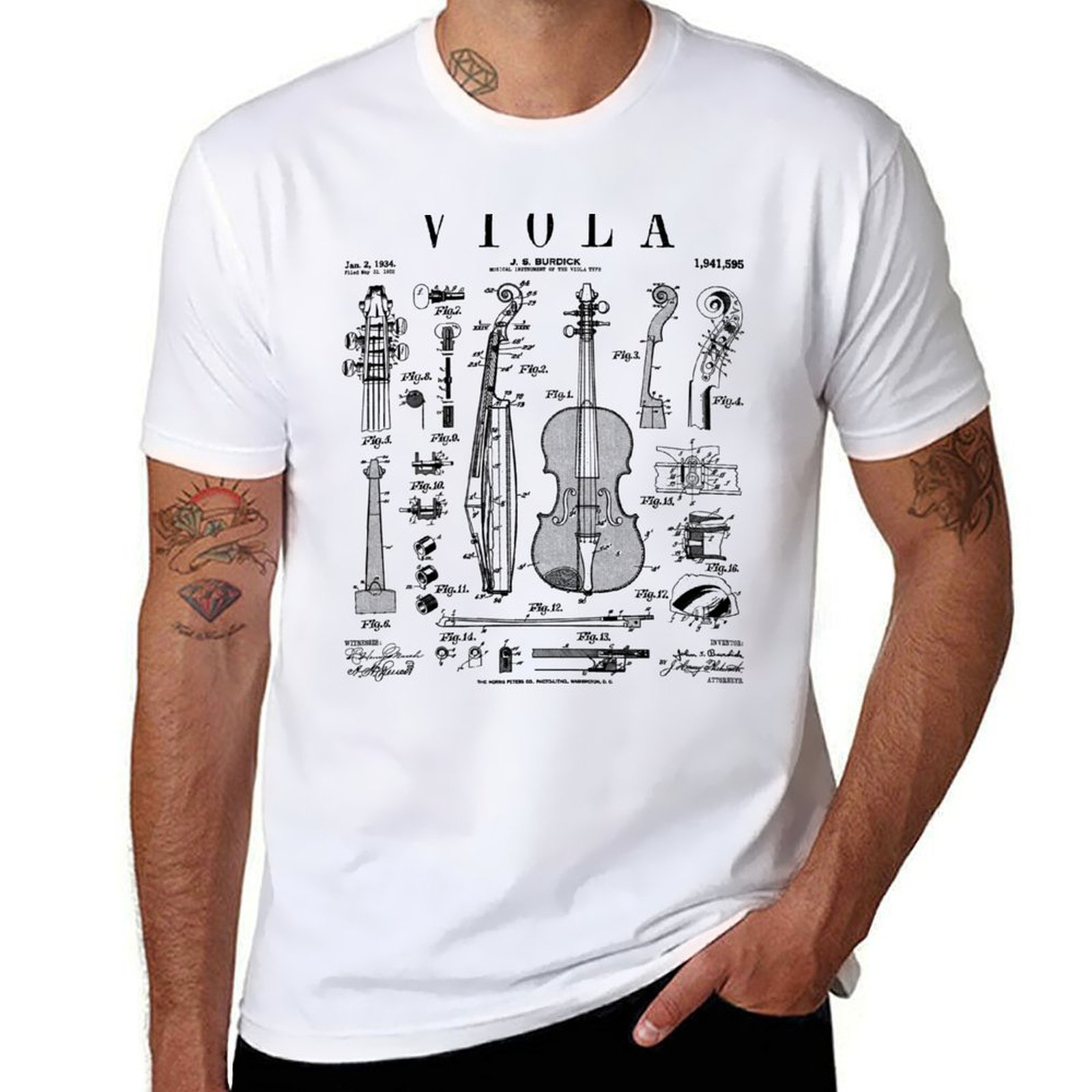 Musical Instrument Viola - เสื้อยืดลายวิโอลา นักดนตรี เครื่องดนตรี วินเทจ ลายสิทธิบัตร เสื้อยืดผู้ชาย