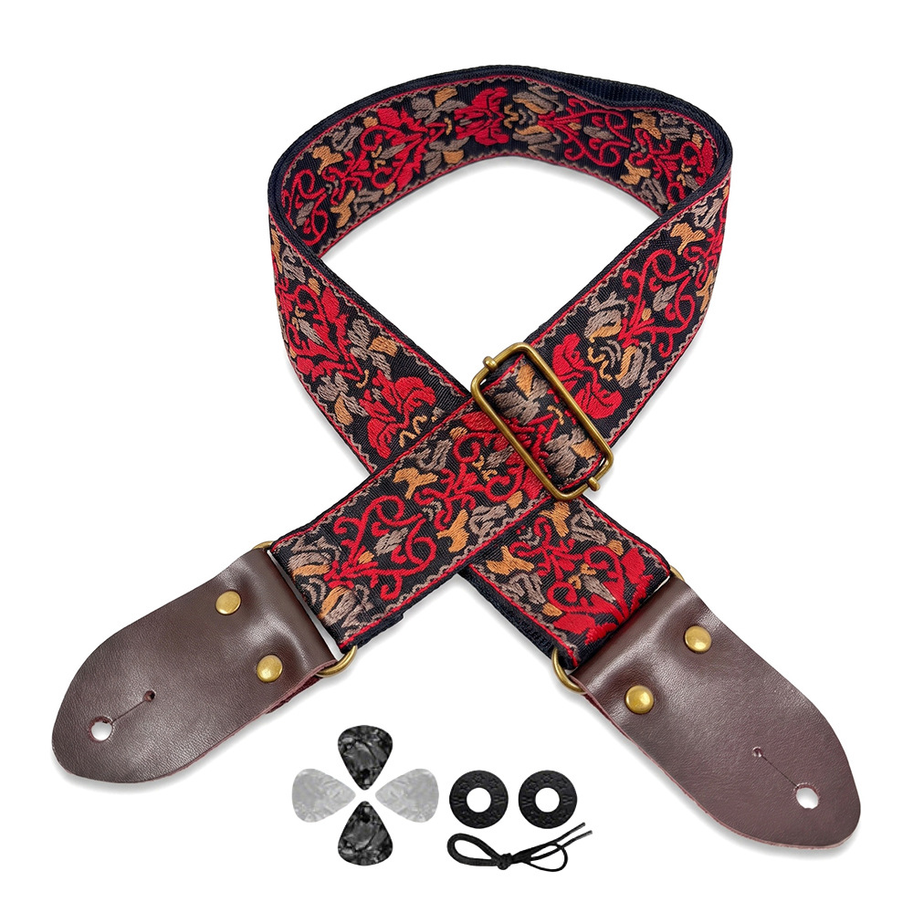 Musical Instrument Art - สายสะพายกีตาร์ปักลายสไตล์วินเทจแบบเอธนิค ปรับความยาวได้ สำหรับกีตาร์โฟล์ค กีตาร์ไฟฟ้า เบส อูคูเลเล่